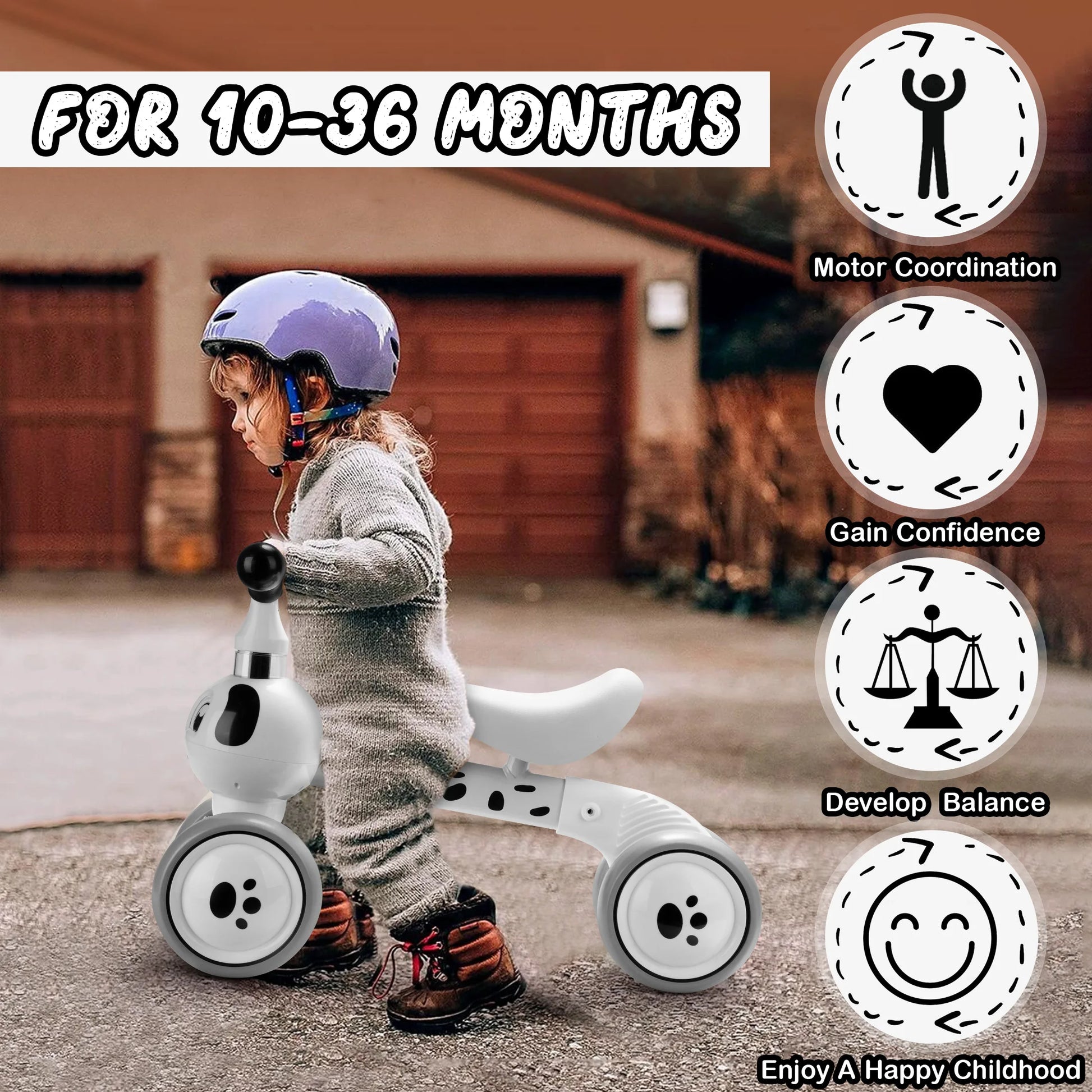 A toddler in a purple helmet rides the Baby Balance Bike With 4 Wheels For Toddlers Ages 12 To 36 Months outdoors. Text highlights benefits: develops balance, boosts confidence, builds gross motor skills, and encourages a happy childhood.