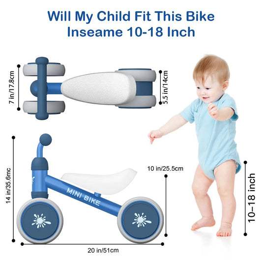 A toddler stands beside the Baby Balance Bike Ride On Toy for 1 Year Old Boys and Girls. Measurements are shown with the question: Will My Child Fit This Bike? Great for developing gross motor skills as your little one grows. Ideal for ages 10 to 24 months.