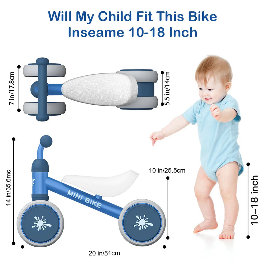 A toddler stands beside the Baby Balance Bike Ride On Toy for 1 Year Old Boys and Girls. Measurements are shown with the question: Will My Child Fit This Bike? Great for developing gross motor skills as your little one grows. Ideal for ages 10 to 24 months.