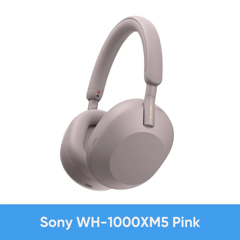 Pink Sony WH-1000XM5 Wireless Noise Canceling Headphones with Integrated Processor V1, Soft Fit leather, 30-hour battery life, and 4 microphones. Sleek minimalist design with visible Sony logo. Text reads: Sony WH-1000XM5 Pink.