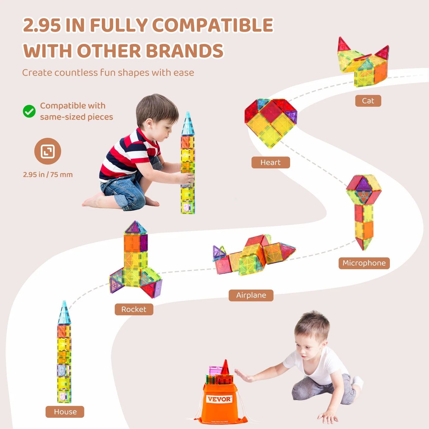 Kids enjoy creative play with the VEVOR 32PCS Colorful Magnetic Building Tiles Set, crafting shapes like hearts and rockets. Compatible with other brands, these perfectly sized tiles inspire imagination and subtly teach STEM skills.