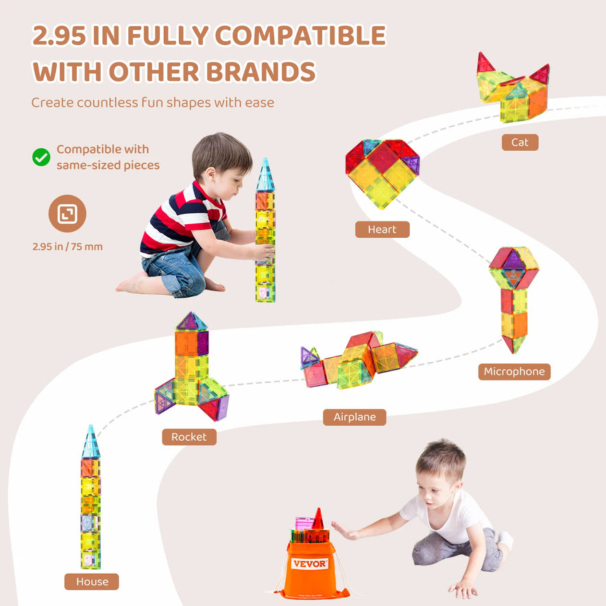 Kids enjoy creative play with the VEVOR 32PCS Colorful Magnetic Building Tiles Set, crafting shapes like hearts and rockets. Compatible with other brands, these perfectly sized tiles inspire imagination and subtly teach STEM skills.