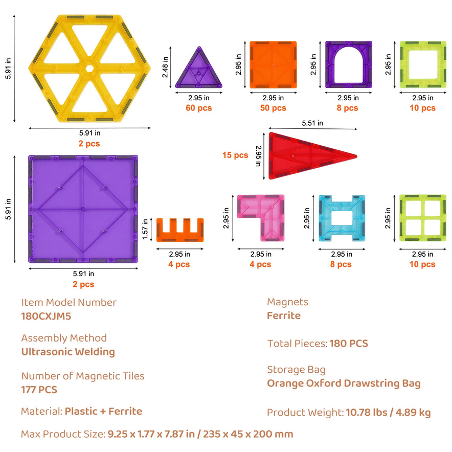 Explore the VEVOR 180PCS Magnetic Tile Building Set, an engaging STEM experience for kids featuring colorful hexagons, squares, triangles, and windows. Includes assembly guidance and storage bag details. Dimensions and weight are provided in the image.