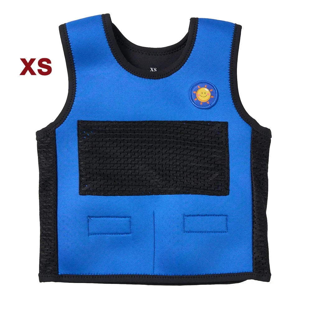 An XS blue dog life jacket with black trim and a small sun emblem features a Velcro panel on the back. Labeled in red on the left, this emotional support item offers stress relief for your pet.