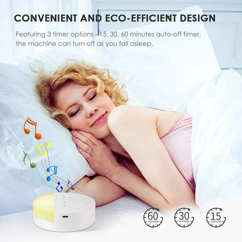 A curly-haired blonde woman smiles in bed beside the Baby White Noise Machine USB Rechargeable Sleep Sound Player with Night Light and Timer, which features soothing sounds, timer settings, and an eco-efficient rechargeable design for restful sleep.