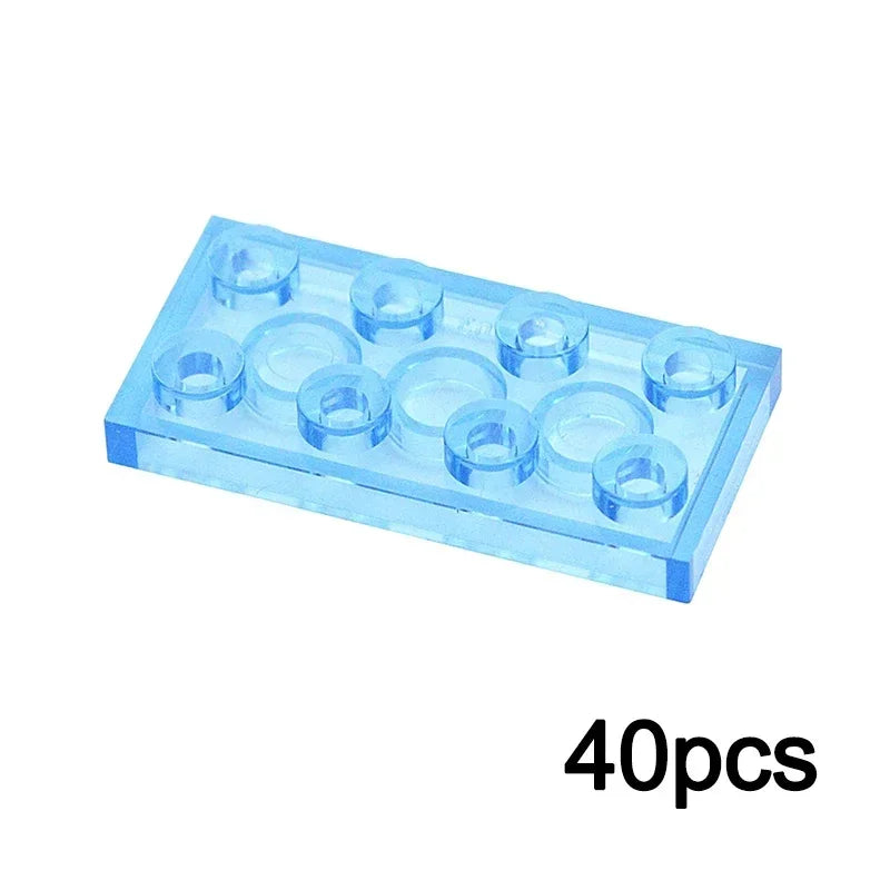 A 2x4 TRN light blue transparent MOC Bulk Brick, compatible with Lego, shown above 40pcs to indicate a set—perfect for wall panels or house parts in any building block collection.