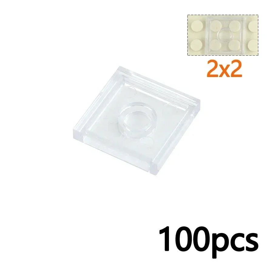 Close-up of a MOC Transparent Bulk Brick Set piece in 3068-Clear White, showing a clear flat tile compatible with Lego, with an inset of its top view and “2x2 100pcs”—ideal for customizing your house or wall building block projects.