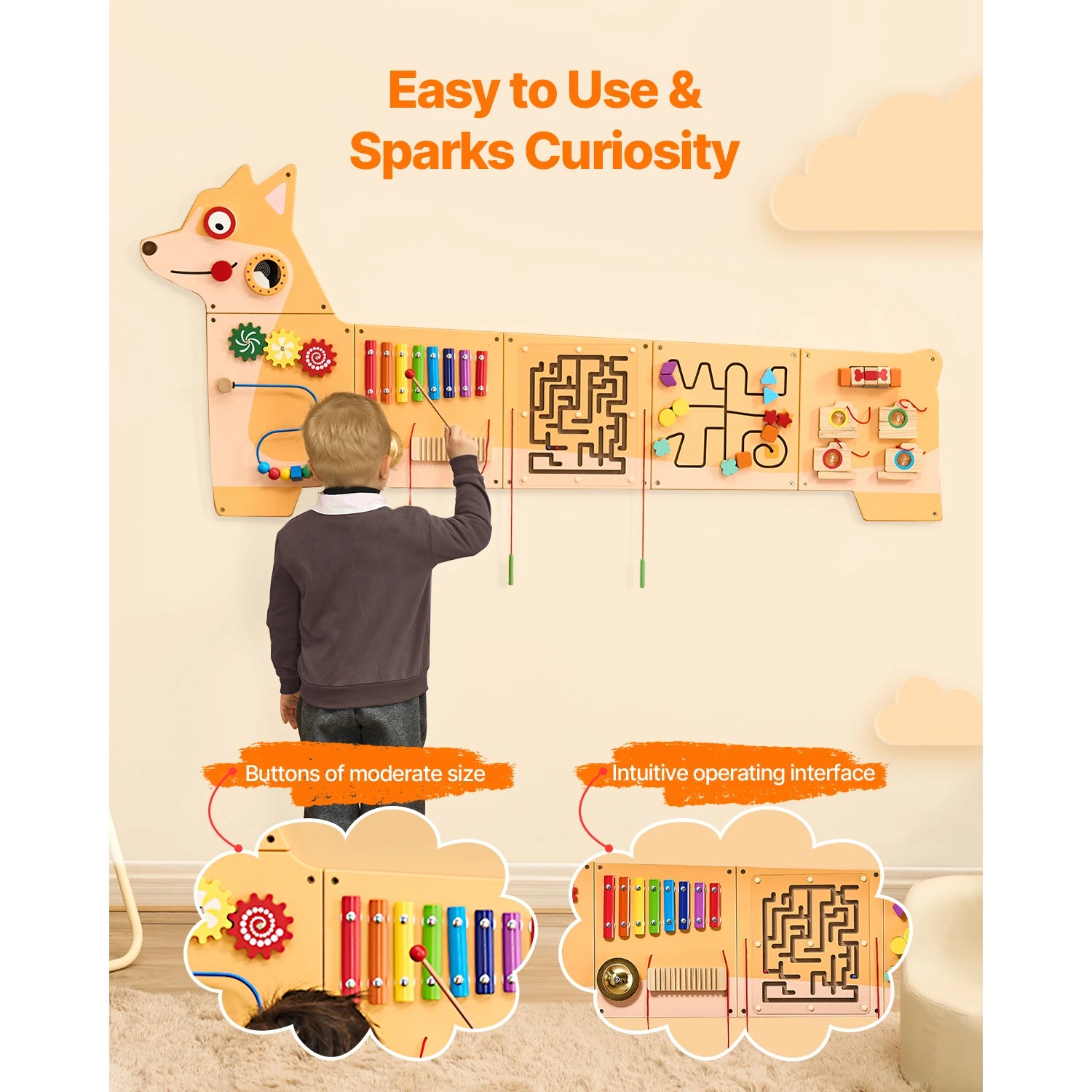A child plays with the Vevor Puppy Kids Wall Busy Panel, a large dog-shaped Montessori activity center featuring 12 sensory activities—colorful buttons, gears, xylophone, maze, and more. Bold text: Easy to Use & Sparks Curiosity.
