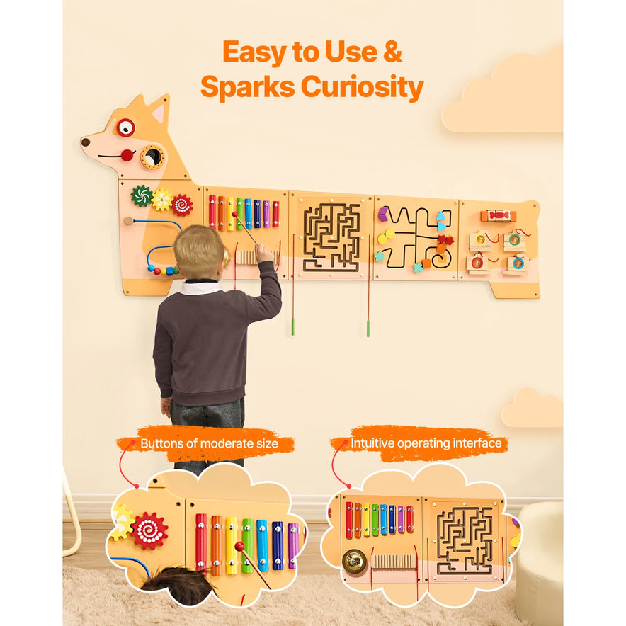 A child plays with the Vevor Puppy Kids Wall Busy Panel, a large dog-shaped Montessori activity center featuring 12 sensory activities—colorful buttons, gears, xylophone, maze, and more. Bold text: Easy to Use & Sparks Curiosity.