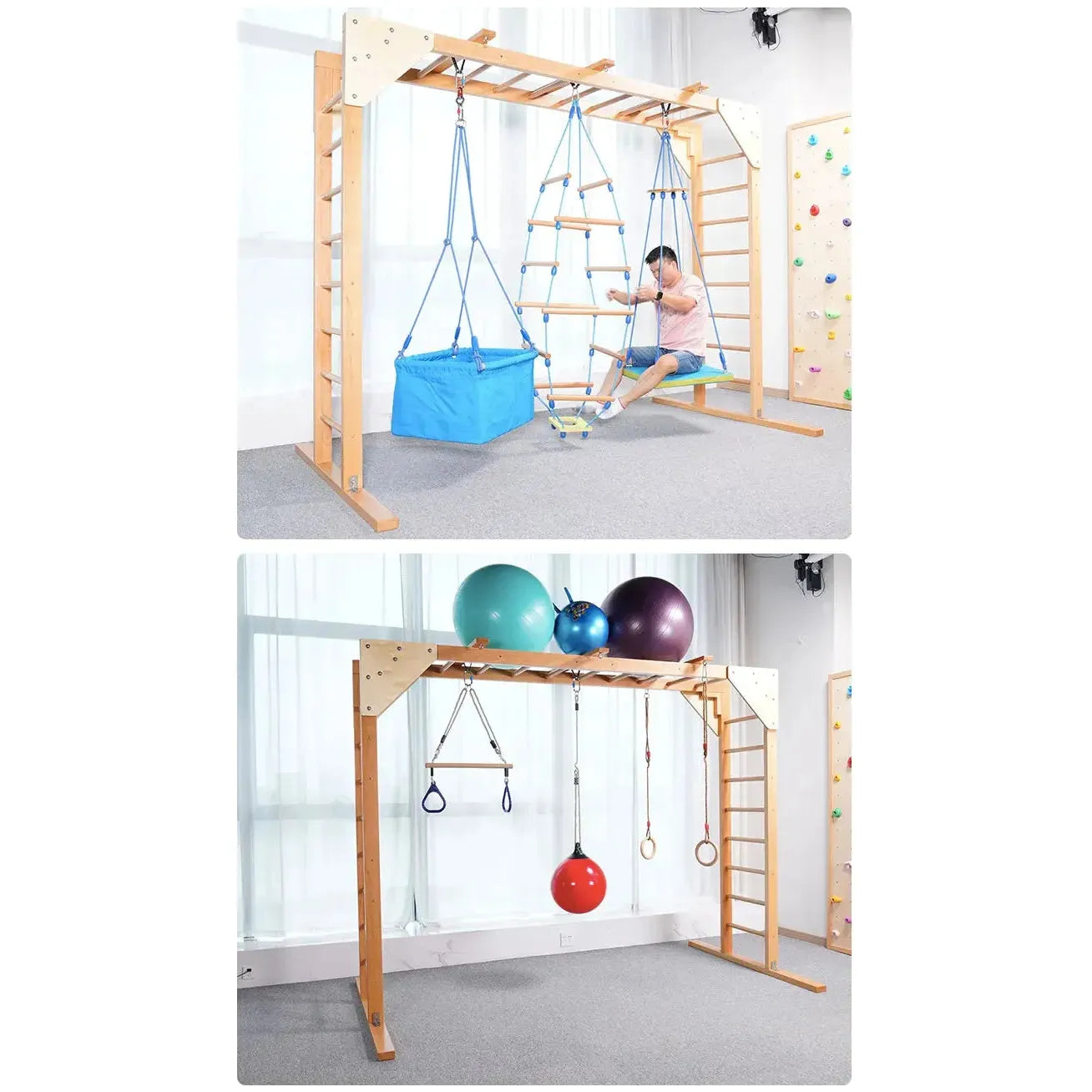 Top image: A child on a blue swing attached to the Indoor Sensory Fitness Ladder for Kids. Bottom image: The same set with gymnastics rings, a red swing ball, and exercise balls above the carpeted floor.