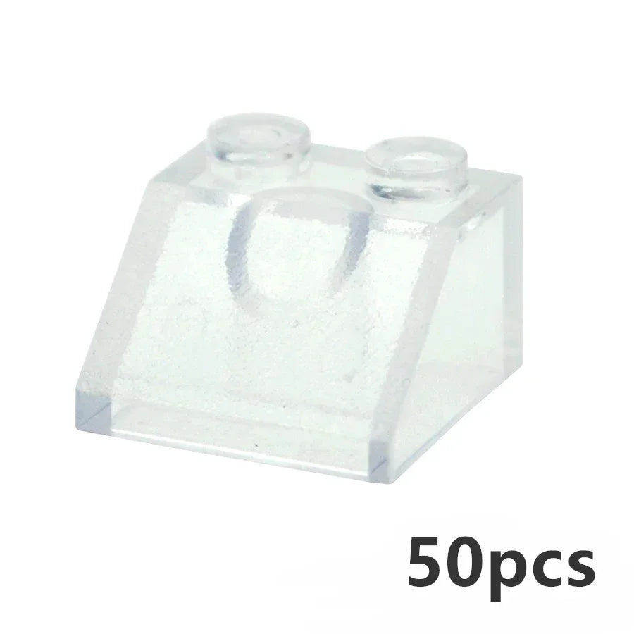 The MOC Transparent Bulk Brick Set includes 50 clear white LEGO-compatible bricks (1x1, 1x2, 1x4, 2x4), ideal for building walls or houses—displayed in bulk against a white background.