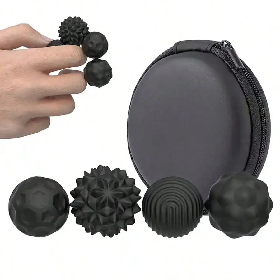 Four black silicone magnetic balls from the 4Pcs 8PCS Silicone Magnetic Balls Set are shown with a round zippered case. A hand holds two balls, highlighting their size and textured surface—ideal for stress relief or as a fidget toy.