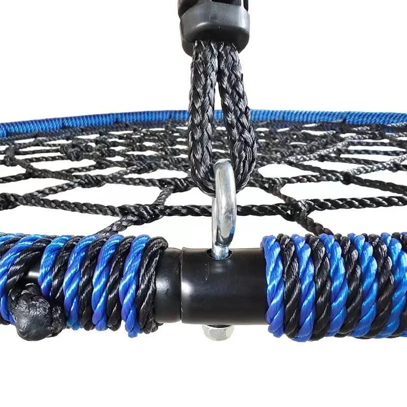 Close-up of a Diameter 100CM Round Nest Rope Swing Indoor Outdoor Hanging Chair for Climbing Exercise and Play, featuring blue and black braided ropes, metal ring, and sturdy plastic connectors—ideal for recreation.