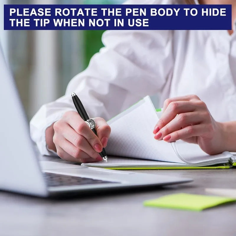 A person writes in a notebook with the 4PCS Rechargeable Metal Fidget Pen with LED & Spinner near a laptop. Text above reads: PLEASE ROTATE THE PEN BODY TO HIDE THE TIP WHEN NOT IN USE.