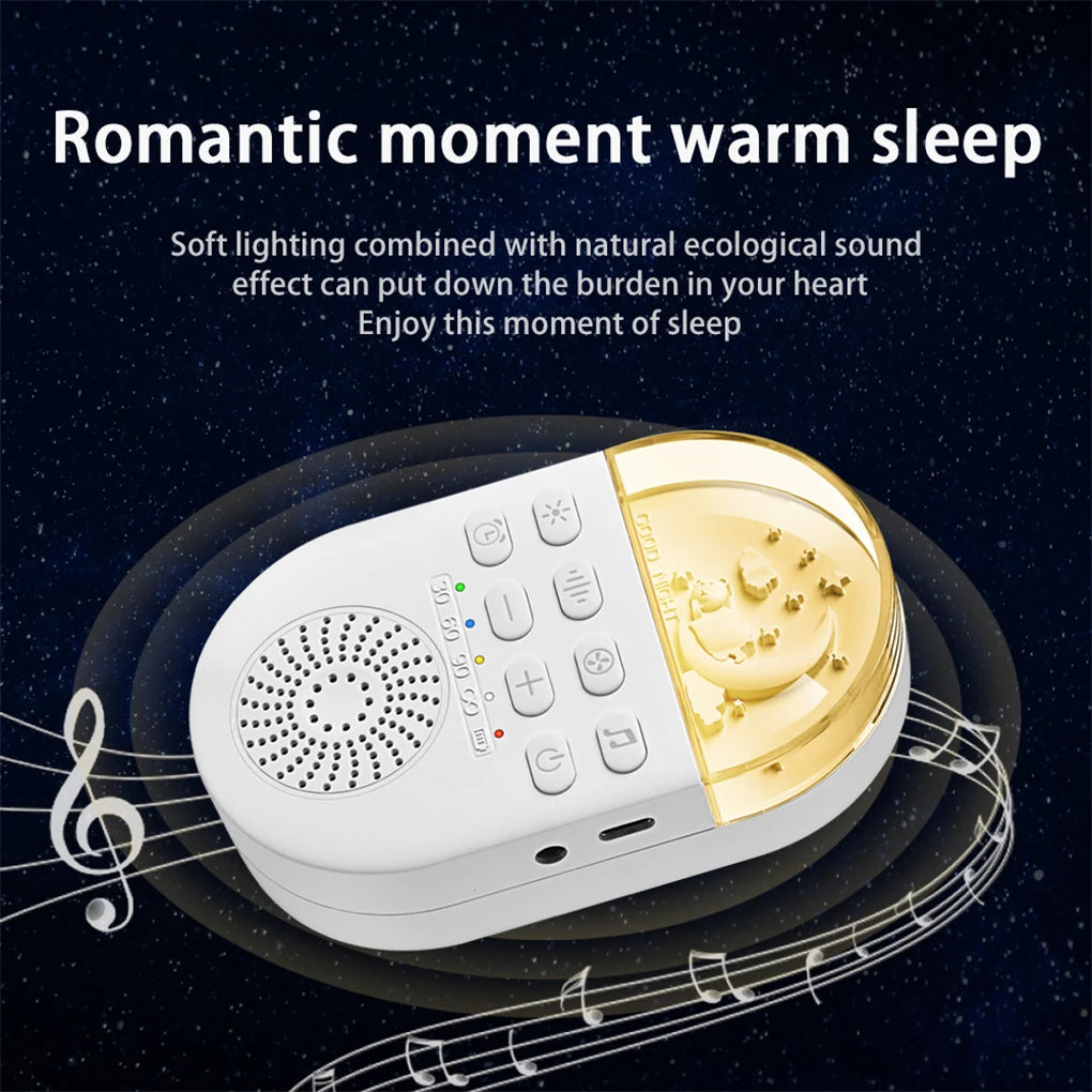 A travel-friendly white noise machine with a celestial-themed design, featuring a starry night look, convenient buttons for settings, and a speaker. It has musical notes against the backdrop with the text: Romantic moment warm sleep and is perfect for soothing sounds on the go.