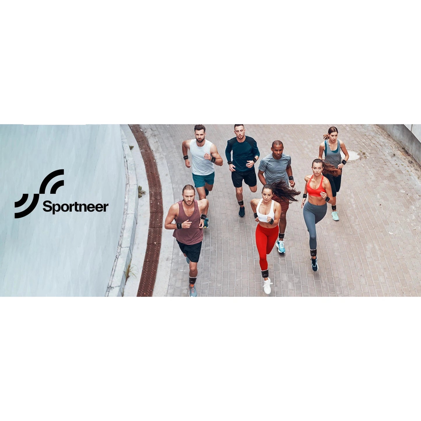 Seven people jog on a paved path by a wall, with the Sportneer logo visible left. Dressed in athletic wear, some use the Sportneer Adjustable Ankle and Wrist Weights Set for Enhanced Strength Training to boost their workout. The backdrop is mostly light gray.