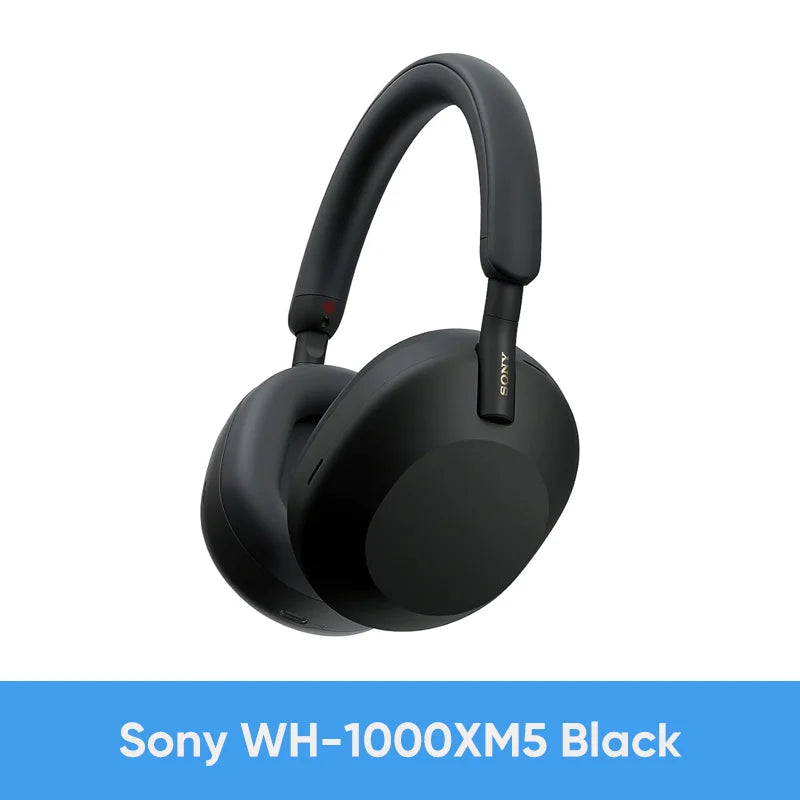 Black Sony WH-1000XM5 Wireless Noise Canceling Headphones with Integrated Processor V1, Soft Fit Leather, 30-hour battery life, and 4 microphones displayed on a white background; blue label shows product name for best-in-class sound.
