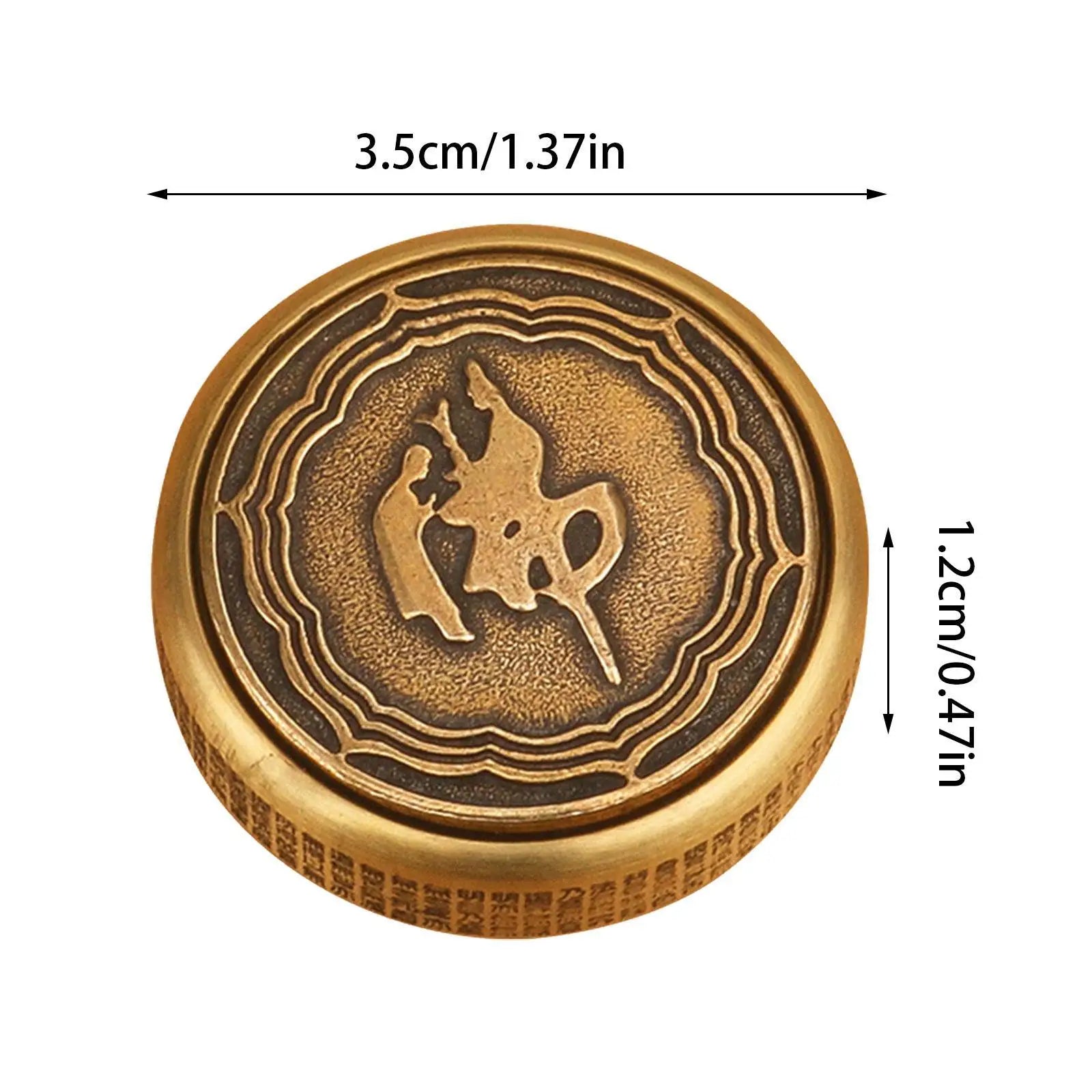 The Zen Buddha Fidget Spinner is a round, bronze-colored metal EDC toy with engraved figures and patterns, measuring 3.5 cm diameter and 1.2 cm high—perfect for adult stress and anxiety relief. Shown against a white background.