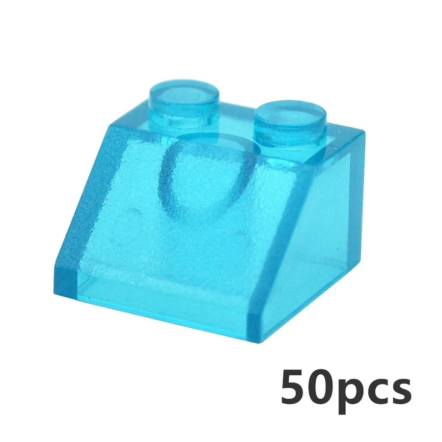 The MOC Transparent Bulk Brick Set includes 50 clear blue LEGO-compatible bricks in 1x1, 1x2, 1x4, and 2x4 sizes—ideal for expanding your collection with versatile wall panel and house parts.