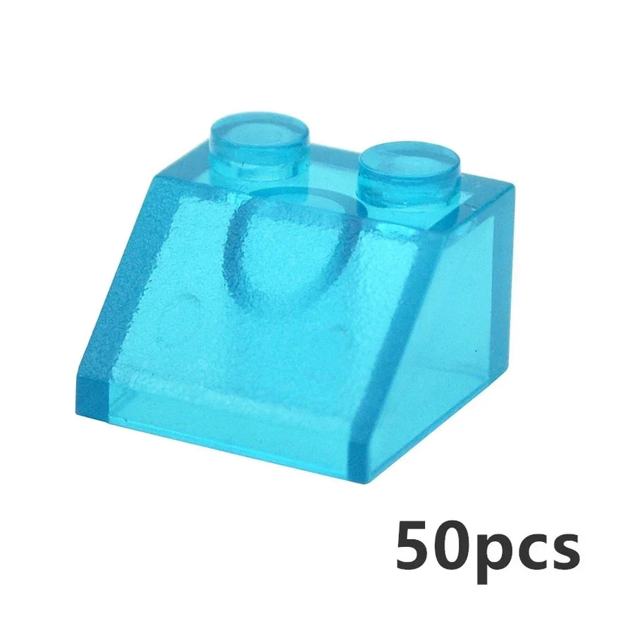 The MOC Transparent Bulk Brick Set includes 50 clear blue LEGO-compatible bricks in 1x1, 1x2, 1x4, and 2x4 sizes—ideal for expanding your collection with versatile wall panel and house parts.