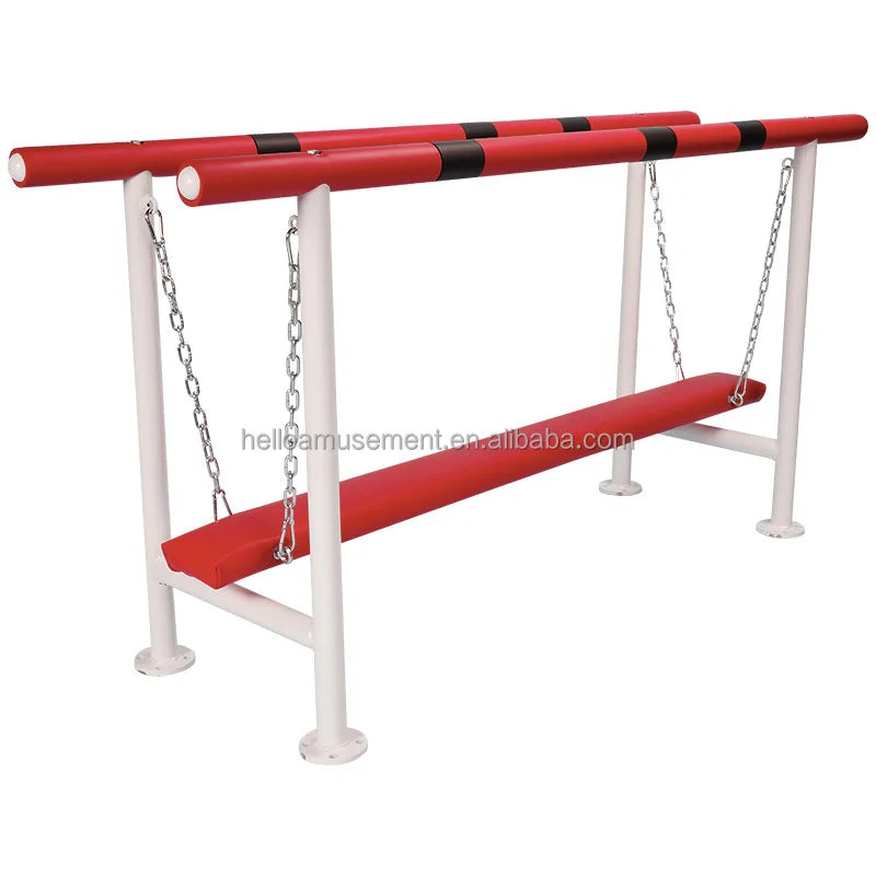 The Soft Play Sensory Swing and Balance Beam Set offers excellent indoor play equipment, featuring a suspended red beam on sturdy white metal frames, ideal for promoting childrens sensory integration during therapy or daycare activities.