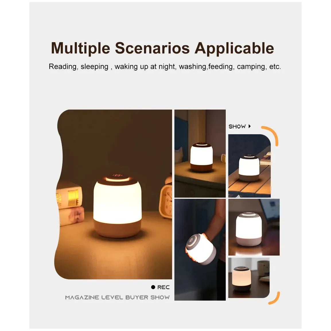 Photo collage of the Touch Control LED Night Light Lamp, USB rechargeable, shown on a desk, in hand, and with diverse light settings. Text highlights versatility with uses in reading, sleeping, and camping. Features easy touch sensor control for convenient use in various scenarios.