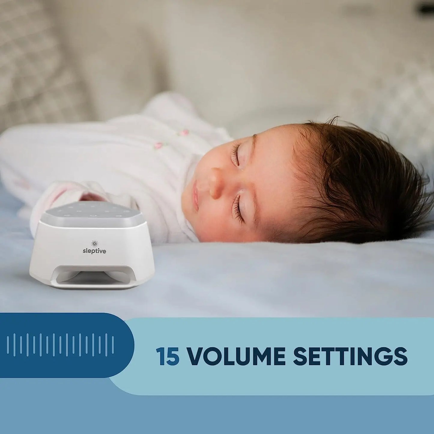 A baby gently sleeps beside the Rechargeable Baby Sleep Sound Machine, which features white noise and a night light timer. The text 15 Volume Settings appears below, capturing the serene ambiance of this soothing background with a soft blur.