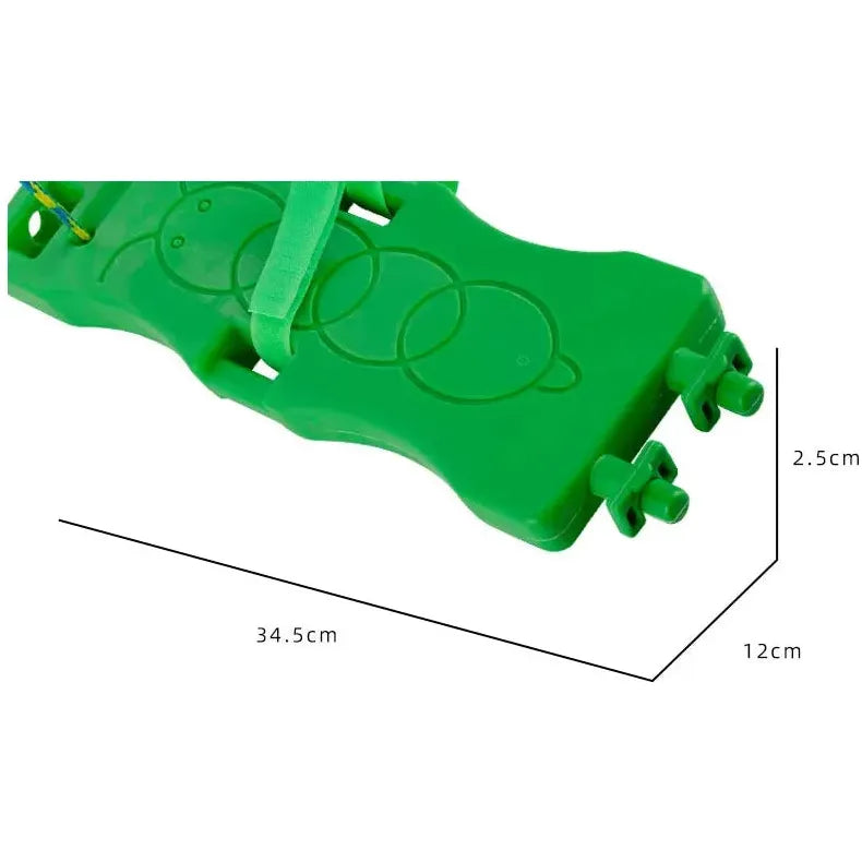 The Interactive Outdoor Balance Board Seesaw for Kids, a green plastic sled with a handle and rounded ends, measures 34.5 cm long, 12 cm wide, and 2.5 cm high. It doubles as an adventurous outdoor toy perfect for sensory training and thrilling play.