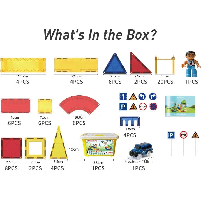 The image showcases the Magnetic Building Blocks with Cars - 3D Clear Educational Construction Set for Kids Ages 3-8, featuring magnetic blocks in yellow, red, and blue; road signs; a toy figure; a vehicle; and a yellow storage box. Quantities for each item range from 1 to 20 pieces.