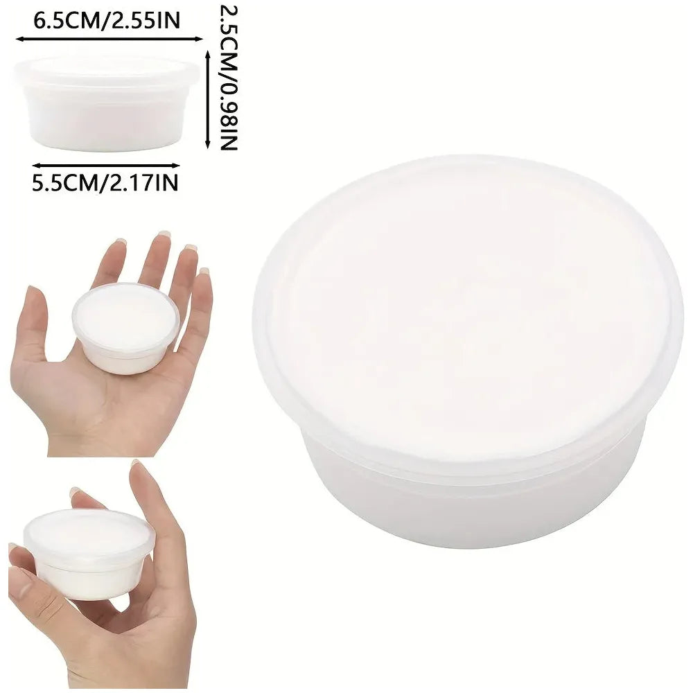 Compact, round white container with lid, measuring 6.5 cm in diameter and 2.5 cm in height. Photos highlight its portability, ideal for transporting your Sensory 60ml Butter Slime Polymer Putty—perfect for DIY projects or party favors on the go.