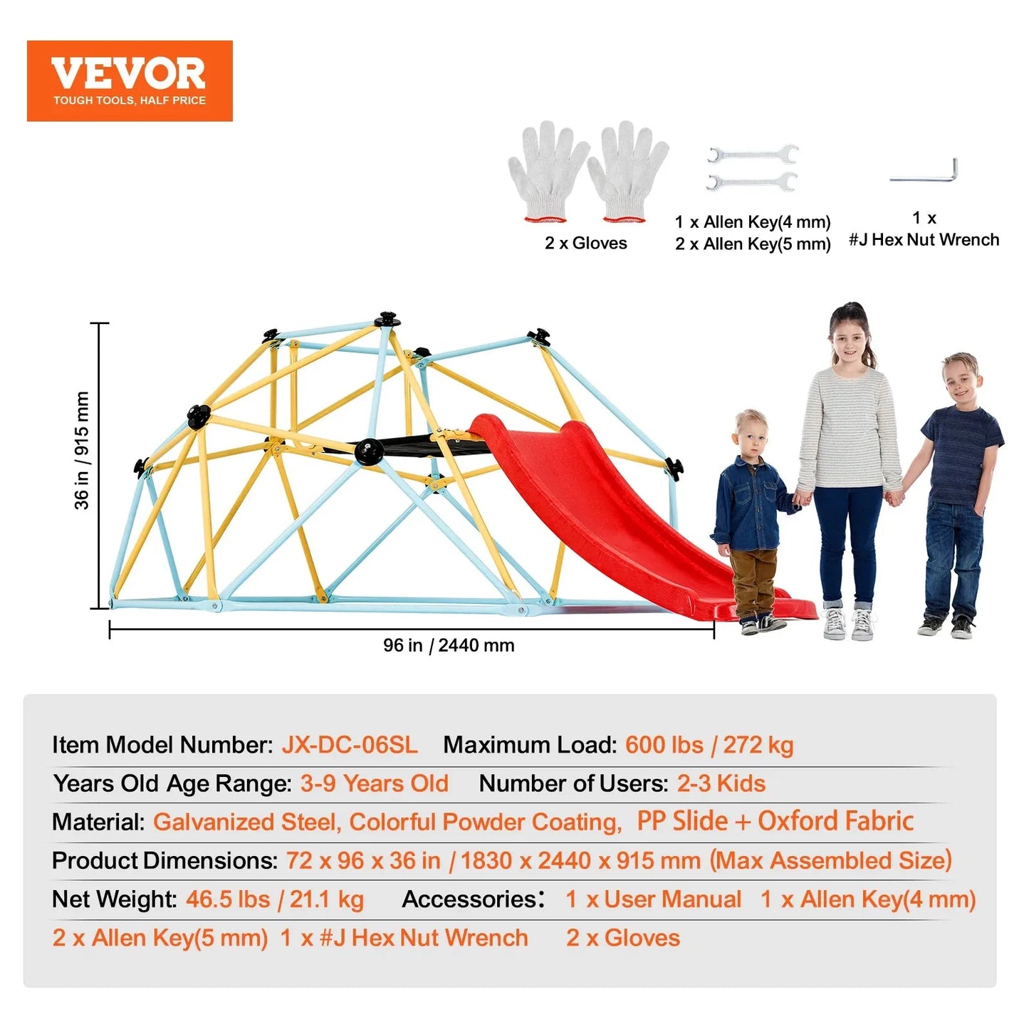 Image of the VEVOR Geometric Dome Climber with Hammock Swing, featuring a blue and yellow dome with a red slide. Suitable for ages 3-9, it supports up to 600 lbs (272 kg). The gym includes dimensions, material specs, and accessories for backyard fun.