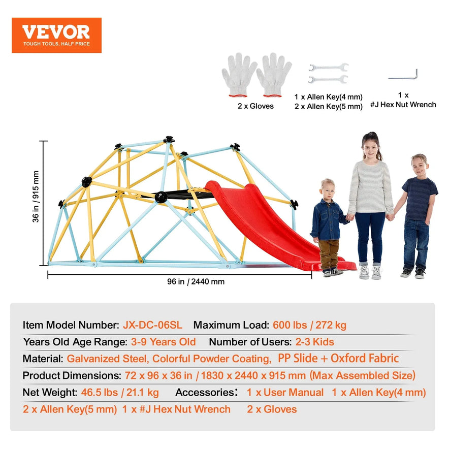 Image of the VEVOR Geometric Dome Climber with Hammock Swing, featuring a blue and yellow dome with a red slide. Suitable for ages 3-9, it supports up to 600 lbs (272 kg). The gym includes dimensions, material specs, and accessories for backyard fun.