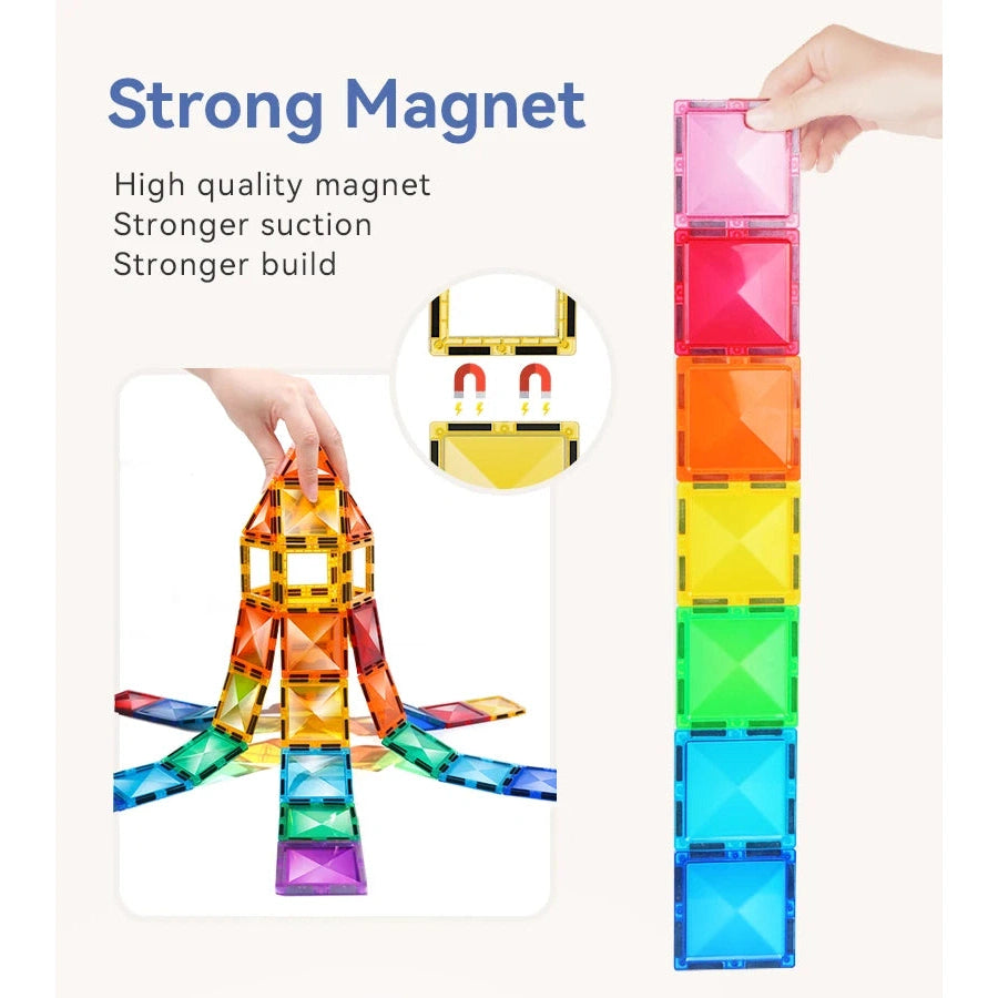 A hand holds a vertical line of Montessori Magnetic Building Blocks, demonstrating their connectivity. An inset shows someone crafting a star with the tiles. Text highlights strong build and suction, perfect for interactive learning and creativity with the Creative DIY Construction Tiles for Kids.
