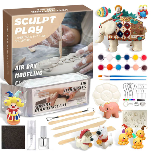The No-bake Air-dried Shaping DIY Plasticine Clay Set includes modeling clay, tools, paint, and accessories. It features completed figures like elephants and colorful characters, showcasing educational pottery through images of hands molding creations on the Sculpt Play box.