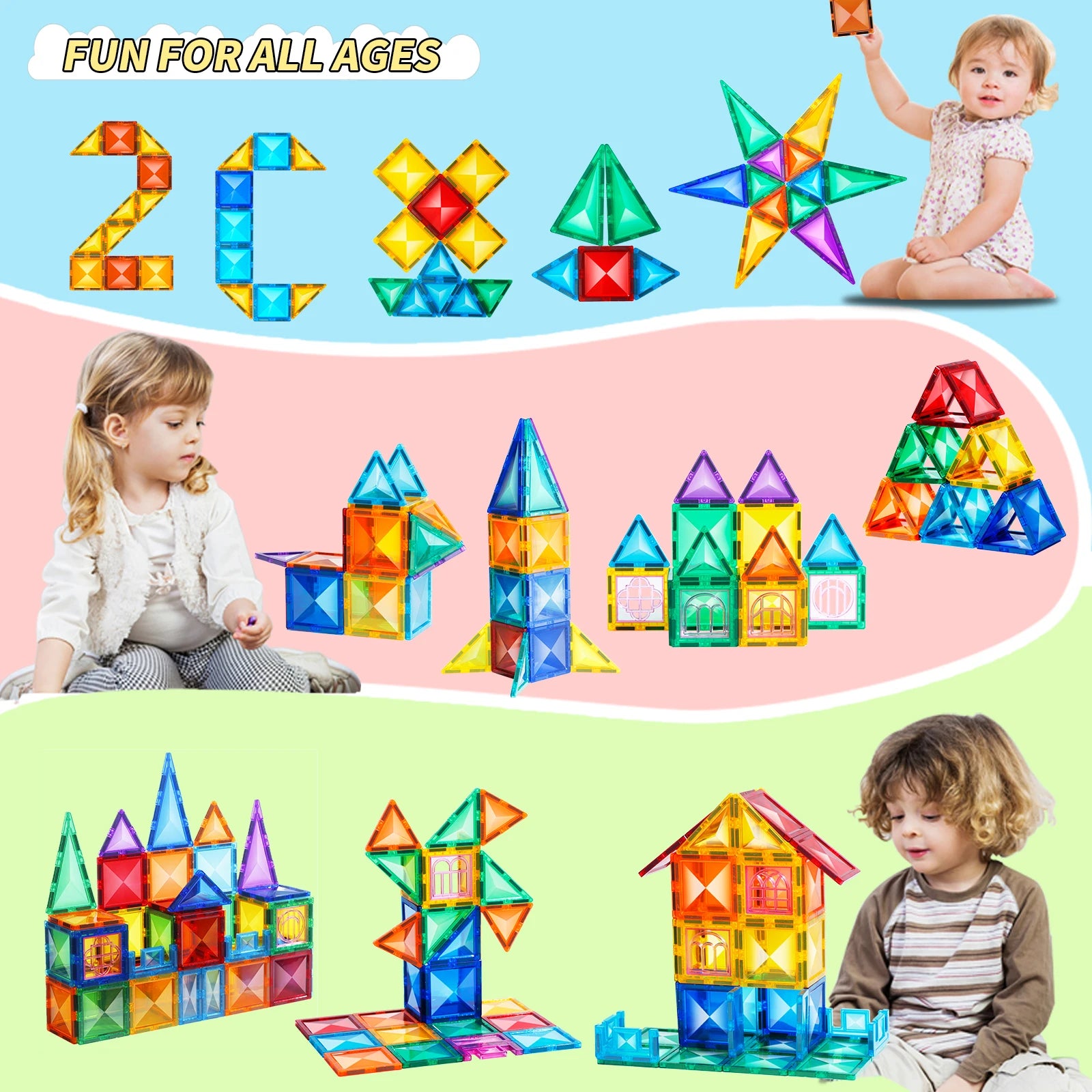 Kids enjoy creating houses and rockets with the Montessori Magnetic Building Blocks Set - Creative DIY Construction Tiles for Learning & Play, in vibrant colors. FUN FOR ALL AGES is displayed at the top, promoting endless educational fun through interactive learning.