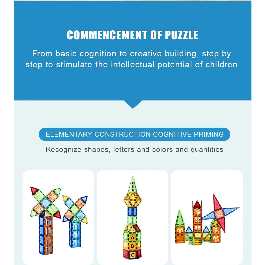 A promotional image for the Romboss Magnetic Educational Architecture Puzzle highlights cognitive development through STEM. It features three colorful toy structures made of magnetic blocks, forming towers and abstract shapes to inspire young minds creatively.