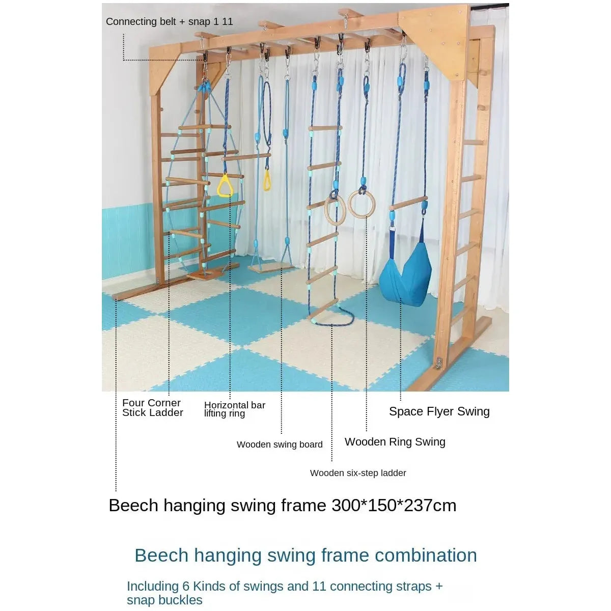 An Indoor Sensory Fitness Ladder for Kids: Swing Climbing and Suspension Play Equipment, made of beech wood, features attachments like swings, ladders, and rings for sensory integration training. Its set on a blue and white checkered mat with labeled elements such as an indoor fitness ladder and a wooden six-step ladder.