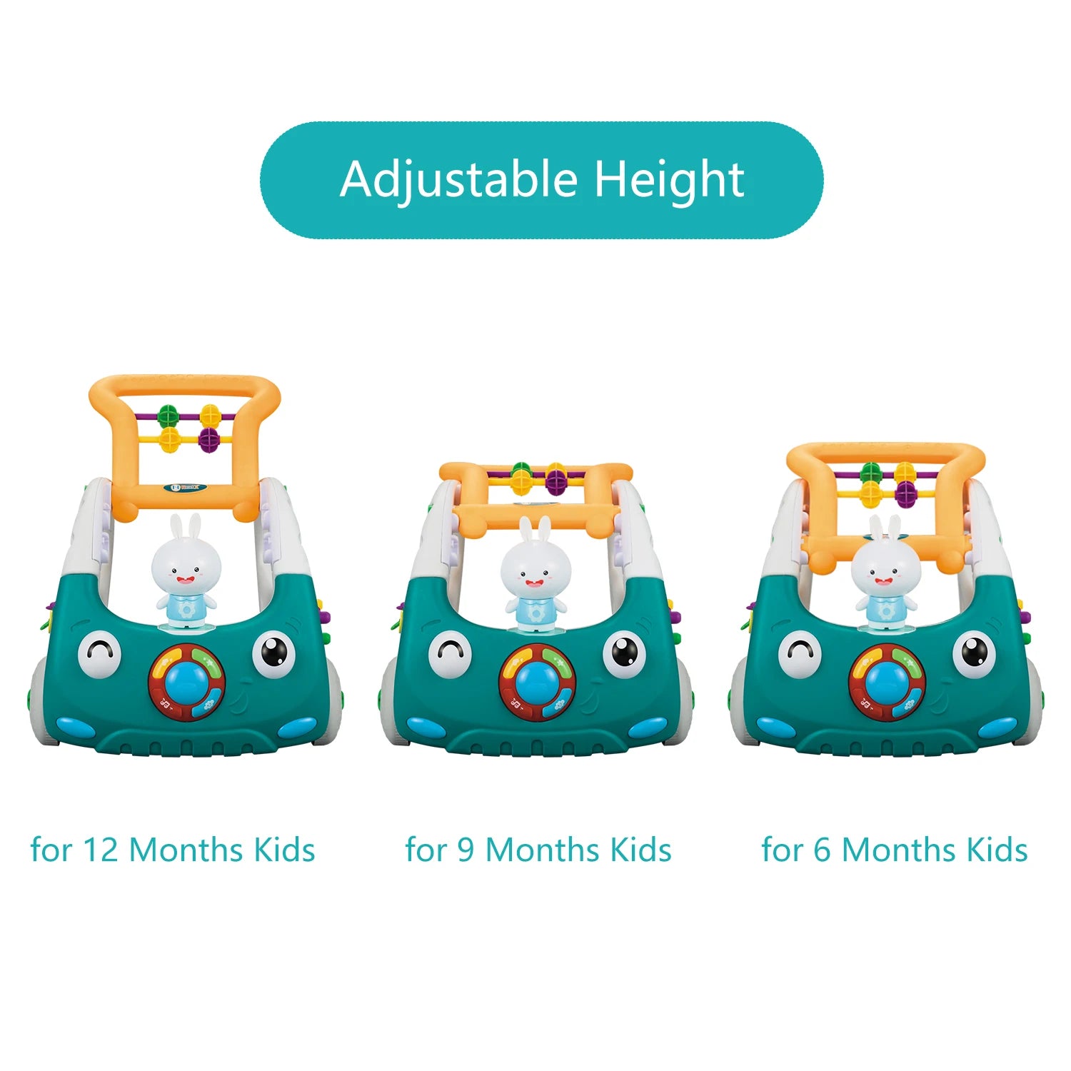The EDUCIRO 4-in-1 Baby Walker for Boys and Girls is shown at three adjustable heights for 6, 9, and 12-month-olds. Each teal sit-to-stand walker has playful designs, a bunny figure on top, and resembles a cute musical tank toy. Adjustable Height is shown.