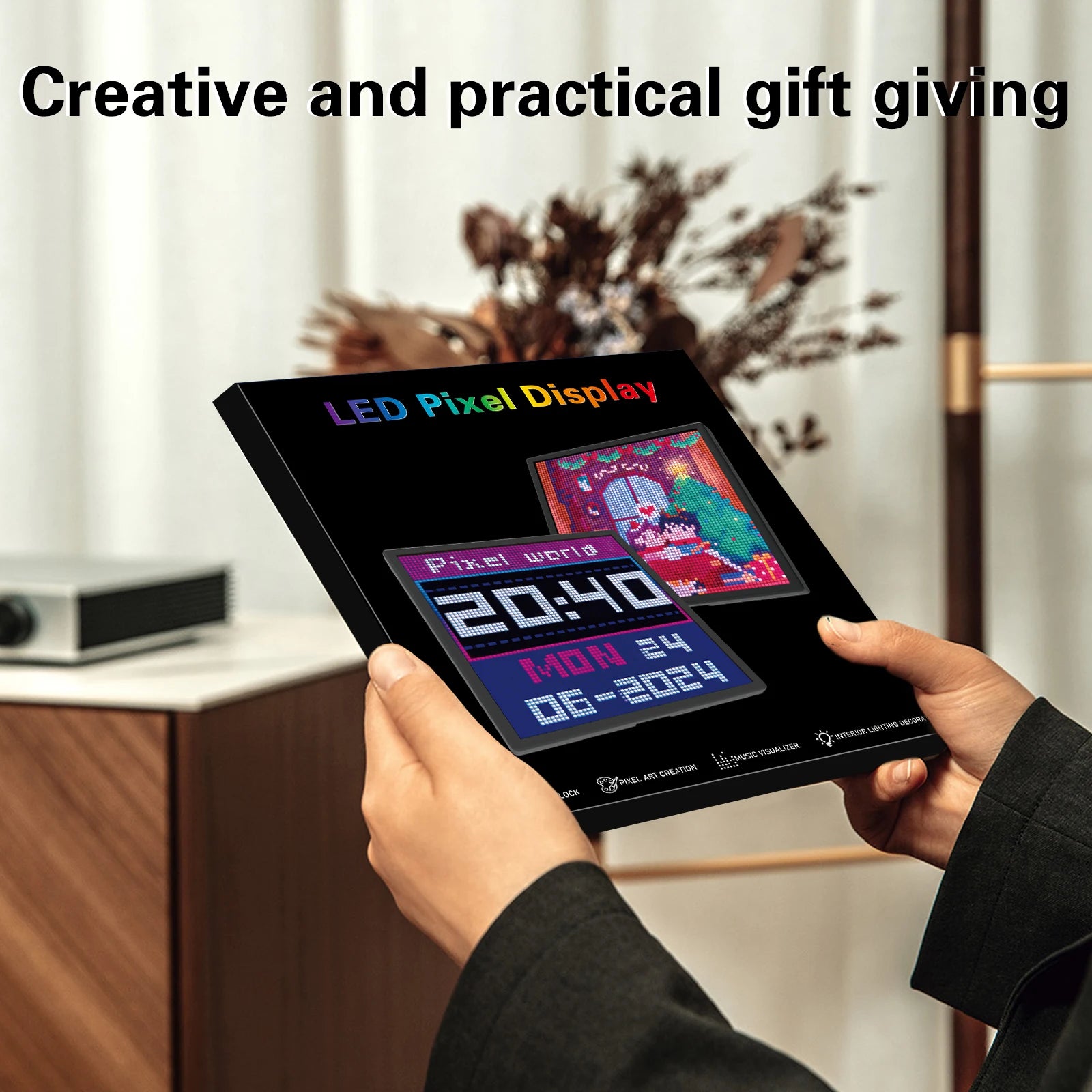 A person holds a LED Pixel Display 64x64 RGB LED Matrix Panel, showing pixel art and a clock. Text above reads Creative and practical gift giving. This programmable screen with Bluetooth app control adds charm to any room or table.