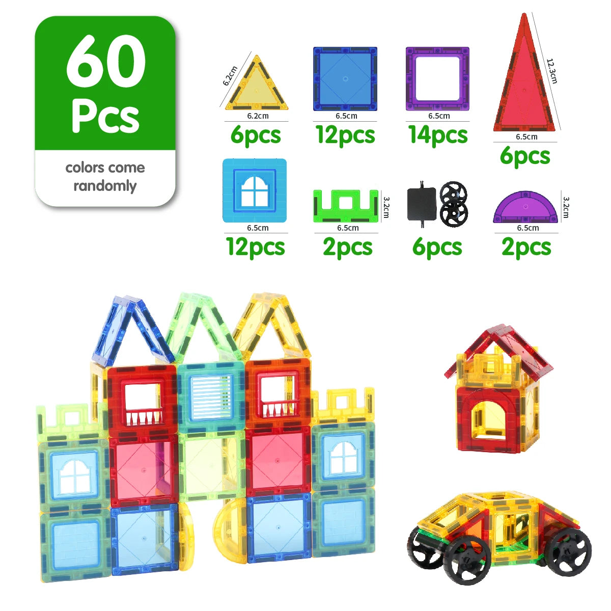 Explore the dynamic Magplayer Magnetic Building Blocks, a Montessori-inspired educational toy. The set features 60 diverse pieces such as squares, triangles, rectangles, and wheels so kids can build two stunning structures. Perfect for sparking creativity and providing endless fun in learning!.