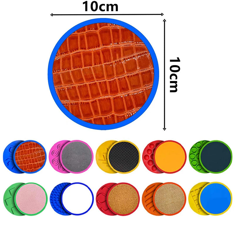 A variety of vibrant textured circular anti-slip pads from the Montessori Tactile Adventure Mat with Balance Stones are shown, featuring diverse surface patterns. A close-up of an orange pad reveals a grid-like texture. Each pad measures 10 cm by 10 cm, perfect for sensory and developmental play.