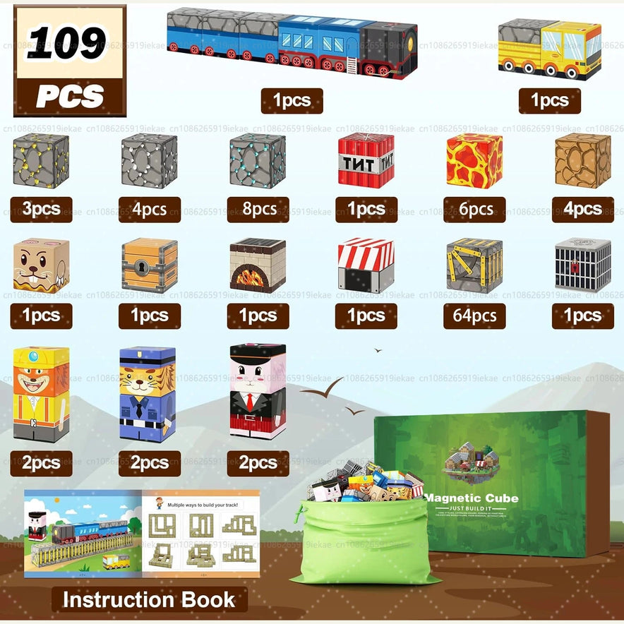 The Magnetic Building Blocks Mine World Magnet Cube Set (TG-109PCS) includes 109 pieces with train, cargo, TNT, stone, lava blocks, figures, instructions, and a green storage bag—an ideal Montessori STEM toy for kids ages 3 and up.