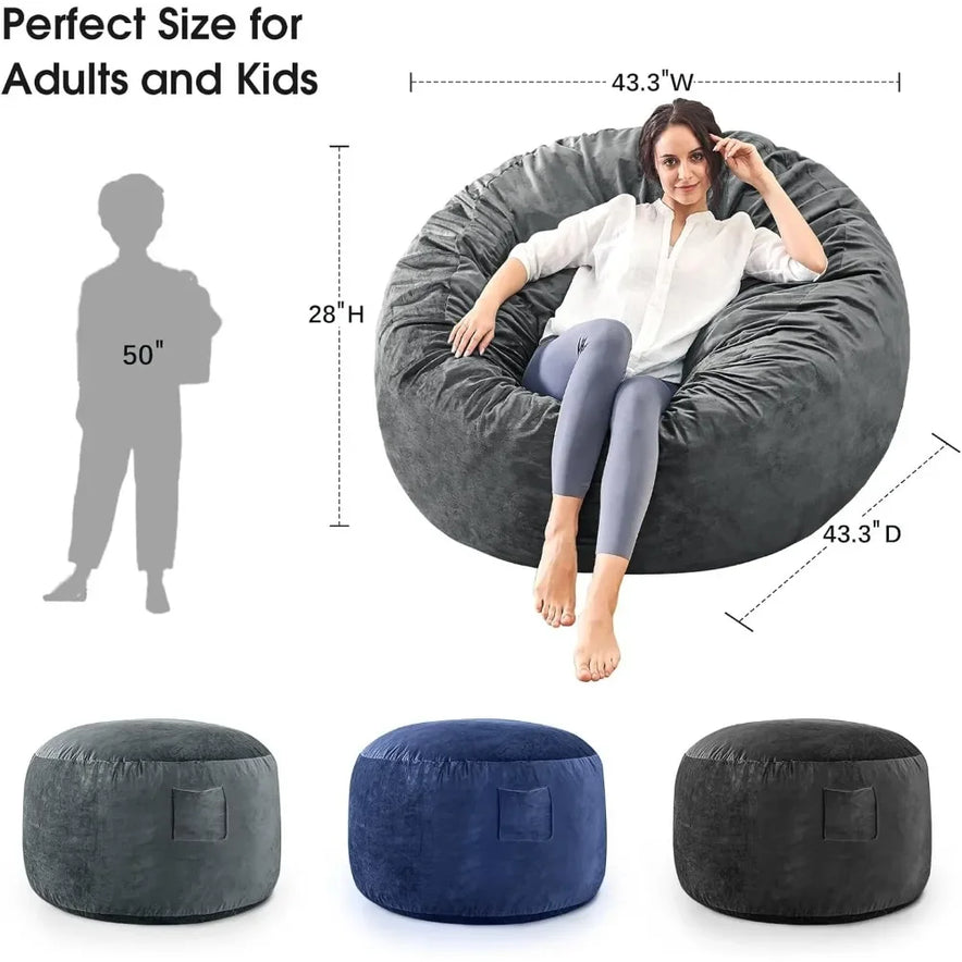 A woman relaxes in a Bean Bag Chairs Convertible Bean Bag Bed with a microfiber cover and furniture foam filler, measuring 43.3W x 43.3D x 28H. Three single-piece bean bags in black, blue, and gray are displayed with a height chart for size comparison.