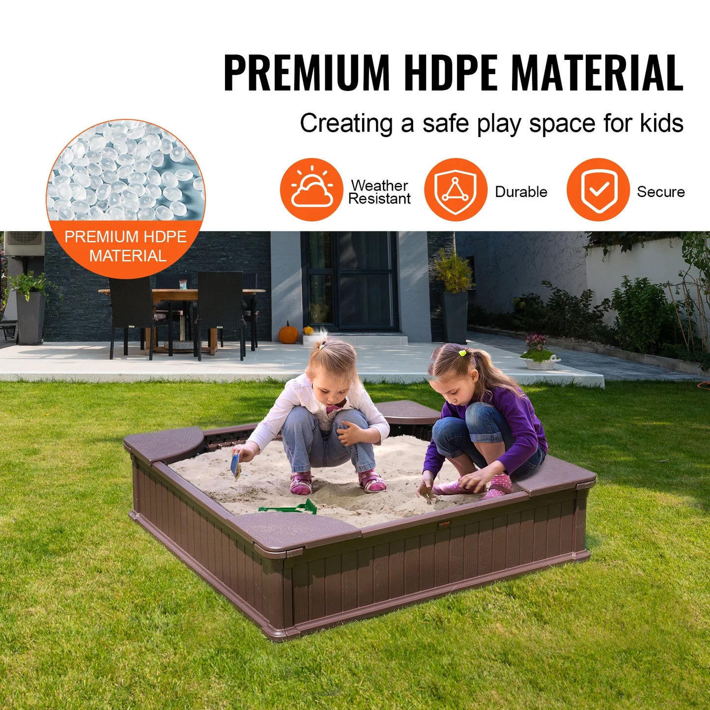 Two young girls play in the SucceBuy Sandbox w/ Cover—a square outdoor sandbox with 4 corner seats and bottom liner, made from weather-resistant HDPE for a safe, secure backyard play space for kids.