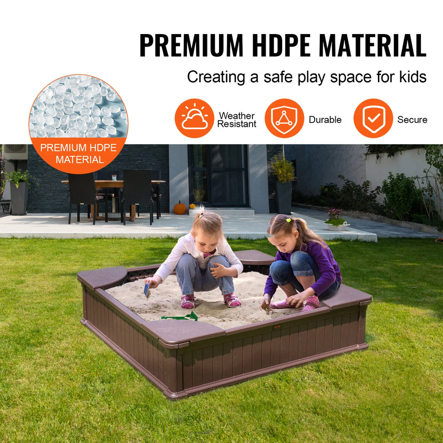 Two young girls play in the SucceBuy Sandbox w/ Cover—a square outdoor sandbox with 4 corner seats and bottom liner, made from weather-resistant HDPE for a safe, secure backyard play space for kids.