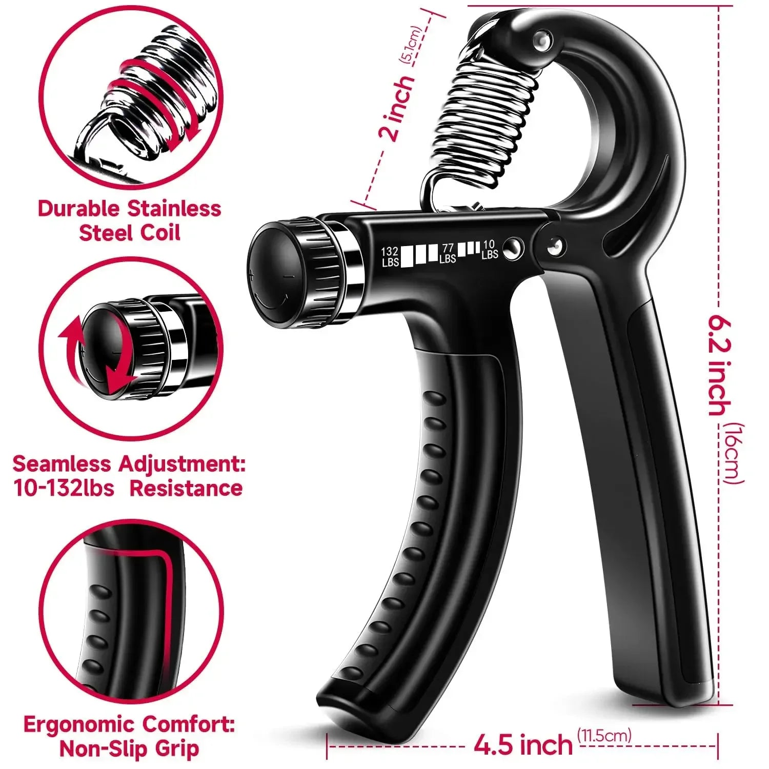 The Adjustable Hand Grip Strengthener for Muscle Development and Injury Recovery features black ergonomic handles, a stainless steel coil, adjustable resistance from 10-132 lbs, a non-slip grip, and dimensions of 6.2 inches tall by 4.5 inches wide.