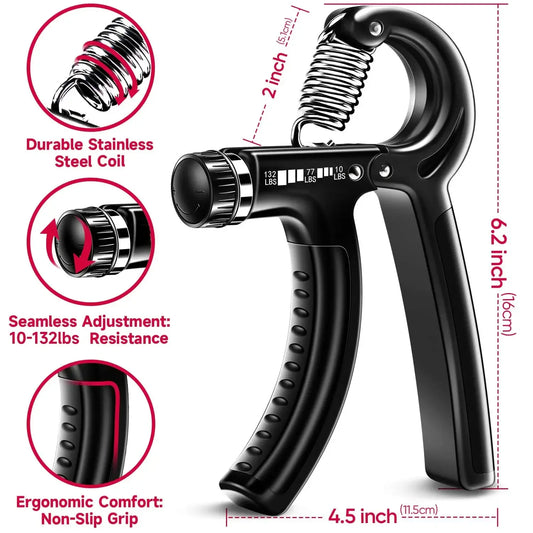 The Adjustable Hand Grip Strengthener for Muscle Development and Injury Recovery features black ergonomic handles, a stainless steel coil, adjustable resistance from 10-132 lbs, a non-slip grip, and dimensions of 6.2 inches tall by 4.5 inches wide.