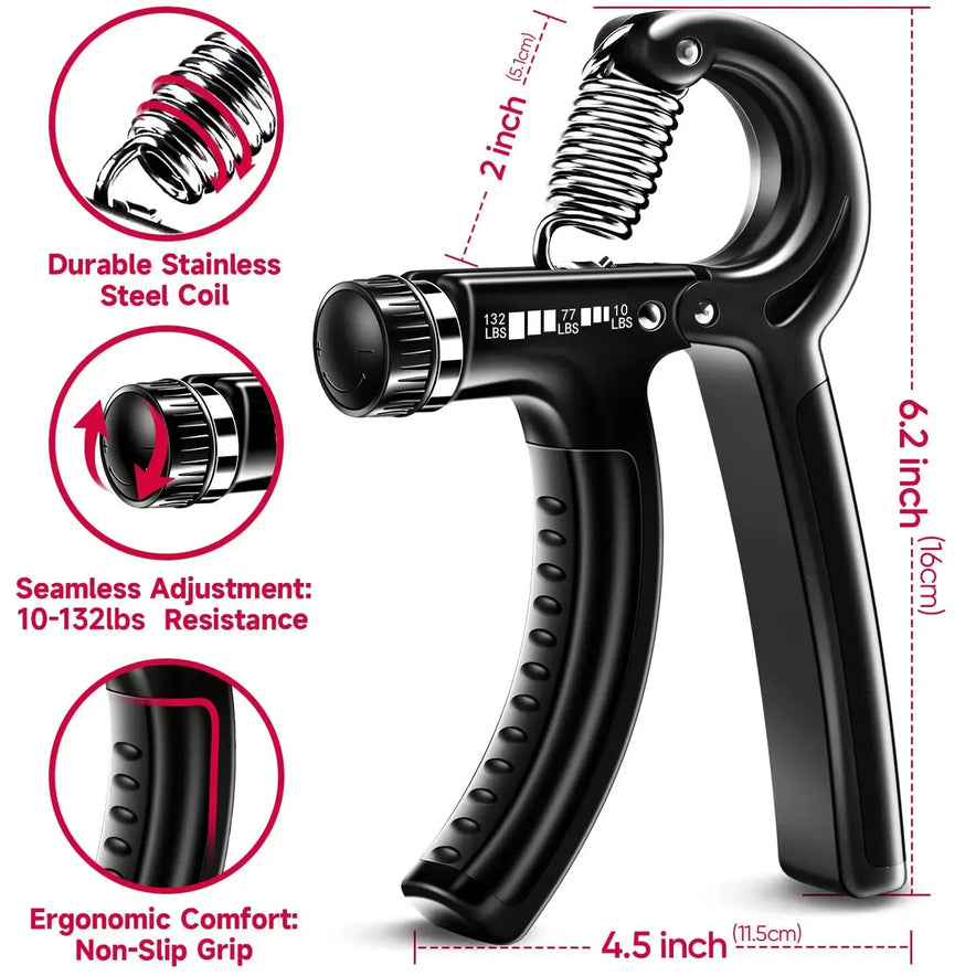 The Adjustable Hand Grip Strengthener for Muscle Development and Injury Recovery features black ergonomic handles, a stainless steel coil, adjustable resistance from 10-132 lbs, a non-slip grip, and dimensions of 6.2 inches tall by 4.5 inches wide.