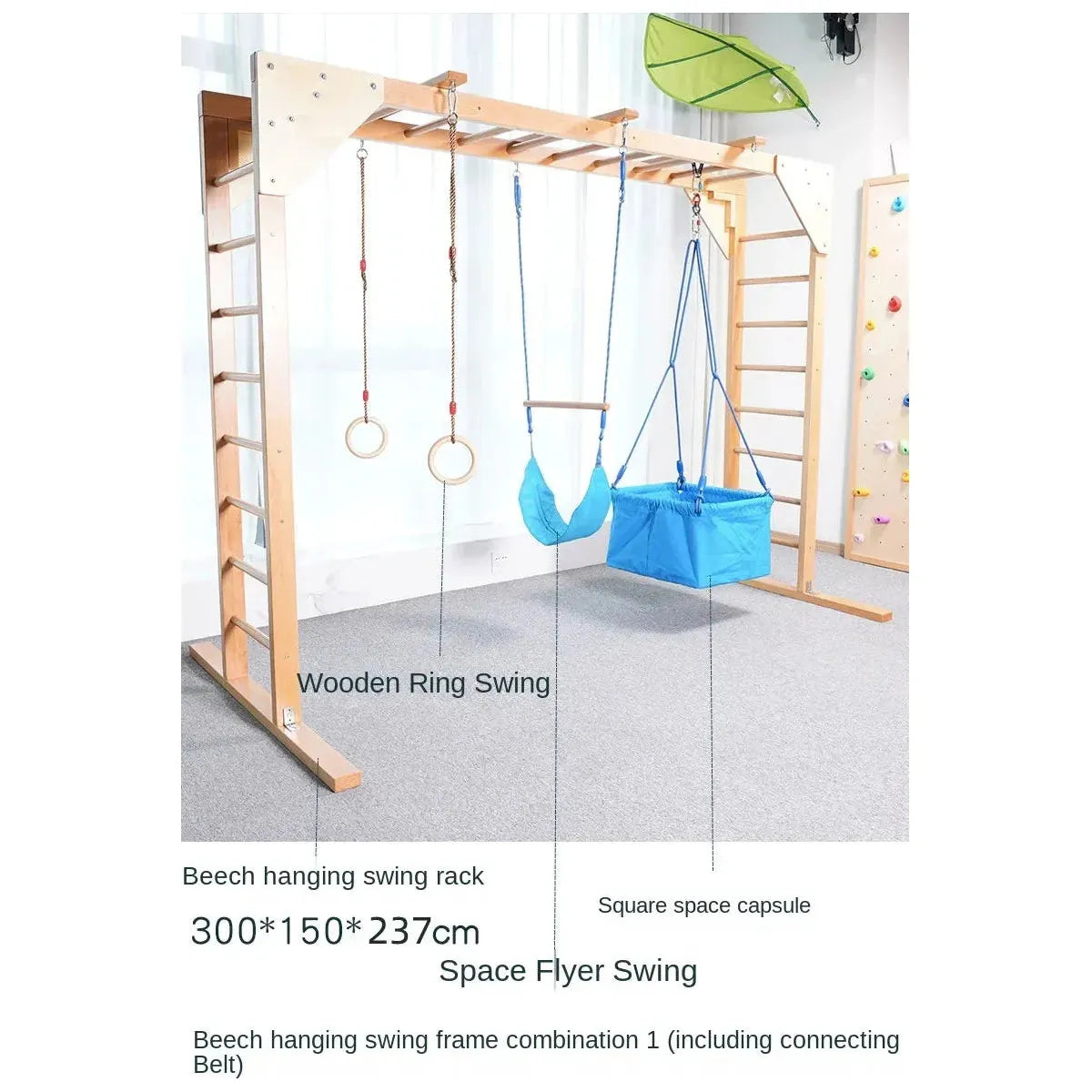 The Indoor Sensory Fitness Ladder for Kids offers a wooden frame with components like a ring swing, hanging swing, square space capsule, and climbing ladders, complete with descriptive setup details and dimensions.