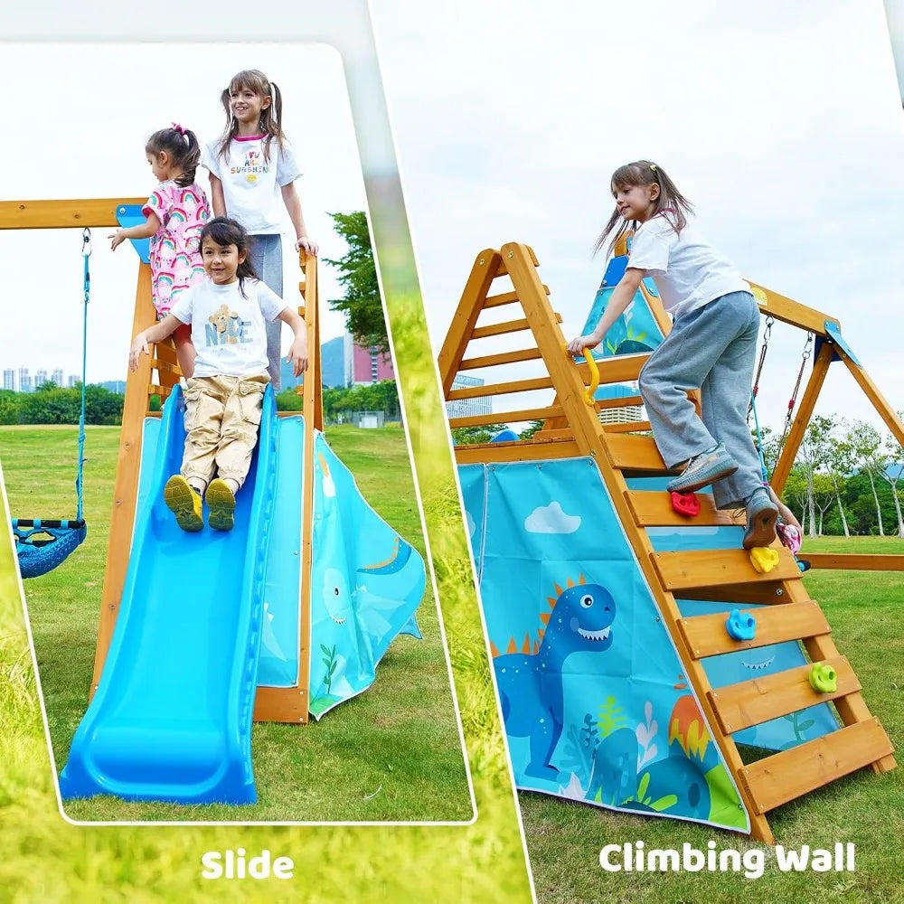 Three kids enjoy the Playground Swing Sets for Backyard, a wooden playset with 2 swings, a big blue wave slide on the left, and a climbing wall with colorful holds on the right—fun dinosaur designs complement your outdoor space.